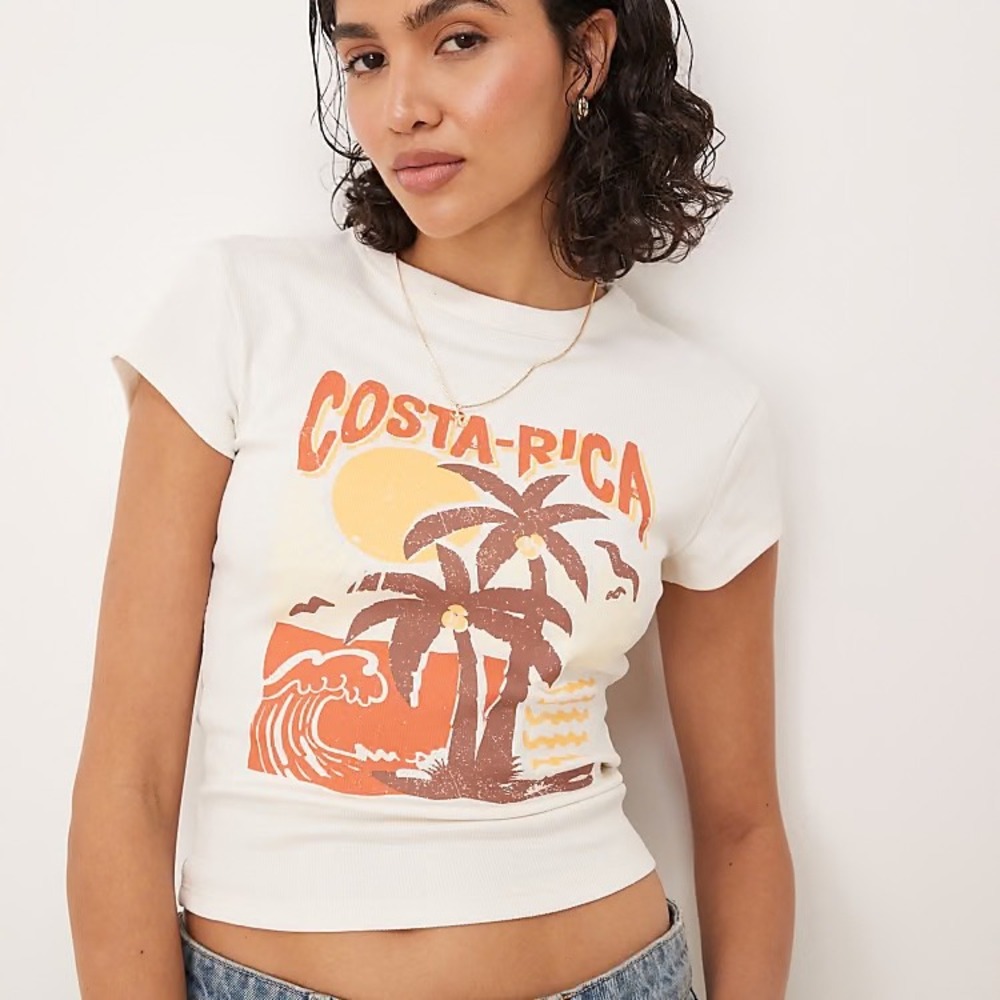NWOT ASOS Design Costa Rica Graphic Ribbed Baby Tee Cream Short Sleeve Size M